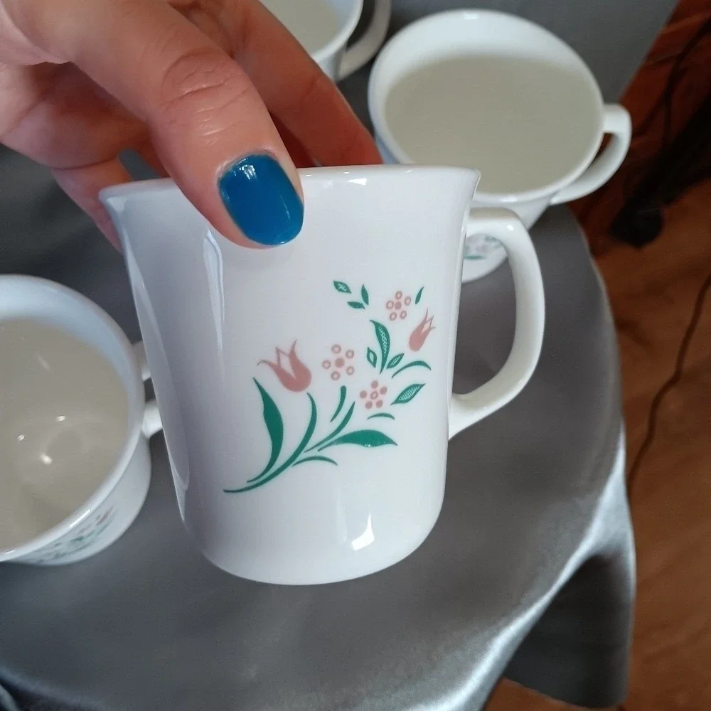 Set of 4 Vintage Corelle Rosemarie Mugs Pink Tulip Flower Corning Ware Tea‎ Cups